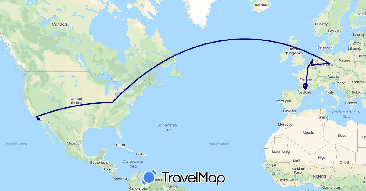 TravelMap itinerary: driving in Belgium, Germany, France, Netherlands, United States (Europe, North America)